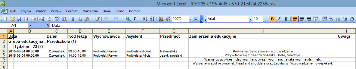 Eksport danych Eksport danych W celu wyeksportowania danych wystarczy kliknąć ikonę znajdująca się w dolnym pasku i wybrać odpowiedni format danych Przykład arkusza Excel'a