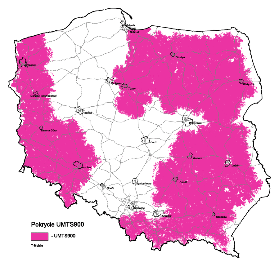 MOCN UMTS 900 Obecny zasięg: Pokrycie na zewnątrz budynków (obszar) 57% Pokrycie na zewnętrz budynków (populacja) 48% Obszar działania UMTS 900 (już ponad 3500 stacji!