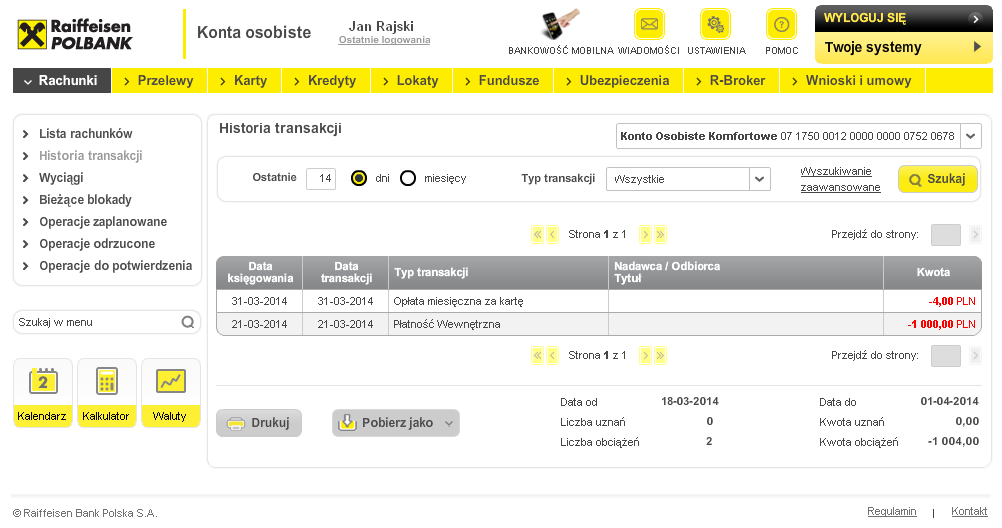 IV. Rachunki Po zalogowaniu do R-Online automatycznie wyświetlona zostaje Lista rachunków (zawartość ekranu startowego możliwa do zmiany w Ustawieniach). Zakładka Rachunki daje nam m.