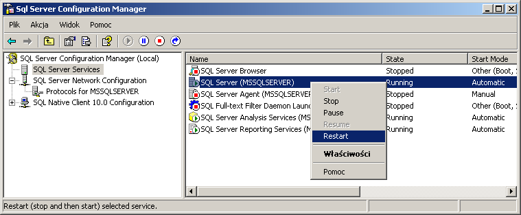 Konfiguracja protokołów wykorzystywanych w Microsoft SQL Server 2008 Standard Edition Po zainstalowaniu wymaganego Service Pack dla Microsoft SQL Server 2008 w kolejnym kroku naleŝy skonfigurować