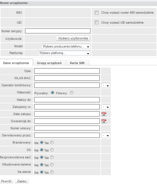 10.1. Dodawanie urządzenia do systemu MDM T-Mobile Dodanie nowego urządzenia do systemu wymaga użycia przycisku Dodaj urządzenie w zakładce MENADŻER ZARZĄDZANIE Urządzenia, a następnie wprowadzenia