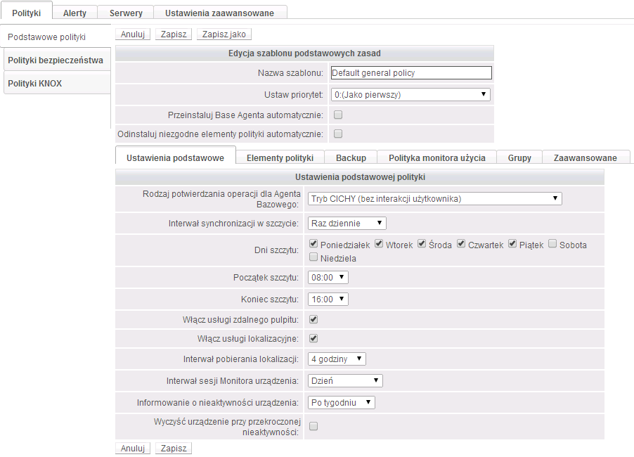 16.1.2. Polityki bezpieczeństwa W tej sekcji administrator może zdefiniować polityki bezpieczeństwa systemu MDM T-Mobile i skonfigurować Security Agenta, który jest odpowiedzialny m.in. za monitorowanie parametrów zdefiniowanych na serwerze aplikacji mobilnych.