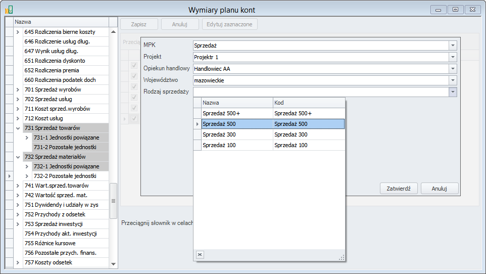 Przypisywanie wartości wymiarom kont planu kont przeprowadza się w oknie Wymiary planu kont.