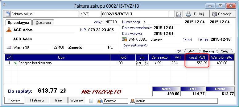 Po zaakceptowaniu zmiany program informuje o automatycznym przeliczeniu rejestrów VAT dla pozycji dokumentu oraz pozostawieniu wartości kosztu bez zmian.