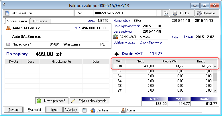 Schemat księgowań dla dokumentów z pozycjami podlegającymi odliczeniu 50% VAT zawiera dwa zapisy dla VAT: parametr vat księguje wartość podatku podlegającego odliczeniu, parametr vat bez prawa