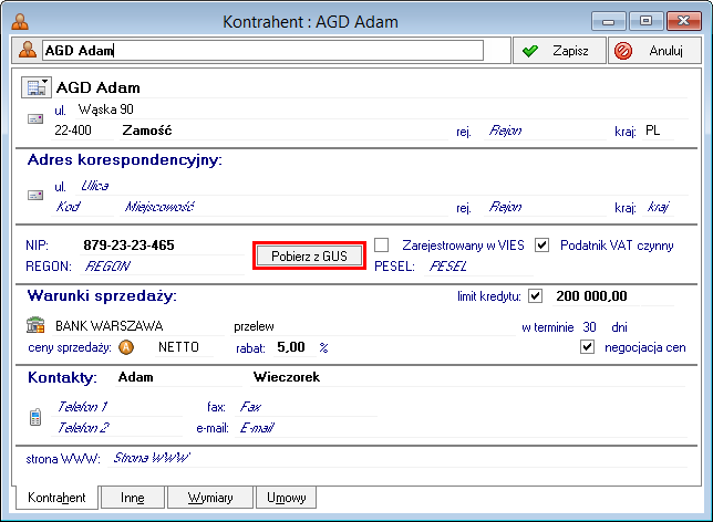 Sage Symfonia ERP Handel Pobranie danych kontrahenta z GUS Usprawniono sposób dodawania kontrahentów o możliwość pobrania danych udostępnionych przez GUS na podstawie wprowadzonego numeru NIP, REGON