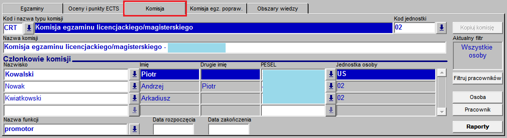 Rys. 9. Formularz dyplomów i egzaminów - zakładka Egzaminy W dolnej części formularza znajduje się szereg zakładek umożliwiających wprowadzenie informacji o egzaminie dyplomowym.