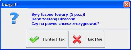 - 101 - Jeśli spróbujesz zakończyć inwentaryzację nie eksportując wcześniej danych, to program ostrzeże, że inwentaryzacja nie została zapisana.