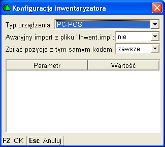 inw na dokument Remanent. W tym celu, w konfiguracji programu, w menu Konfiguracja-> Sprzęt-> Inwentaryzator należy najpierw ustawić typ inwentaryzatora na PC-POS: Następnie zaimportować plik inwent.