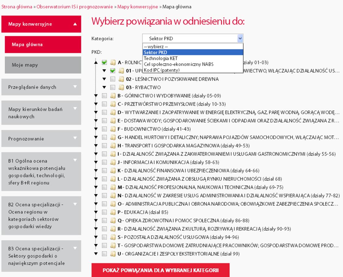 Mapy główna, wybór kategorii