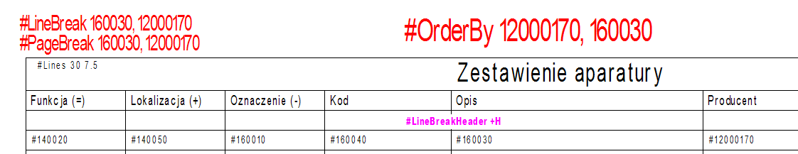 Podtytuł może się składać z zawartości kilku rubryk. Poniżej tekst sterujący #LineBreak zawiera dwie pozycje Opis (160030) i Producent (12000170), obydwie zostaną przepisane do podtytułu.