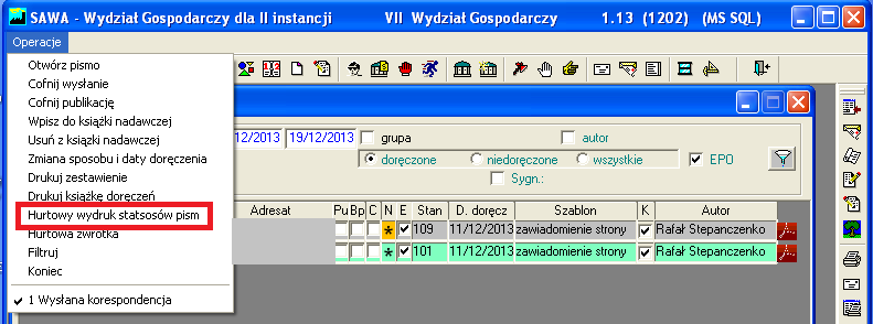 Rys. 9 Widok historii zmian statusów doręczenia pisma EPO Wydruk historii obiegu doręczanego pisma Jeżeli zajdzie taka potrzeba to program umożliwia wydrukowanie informacji prezentowanych w oknie