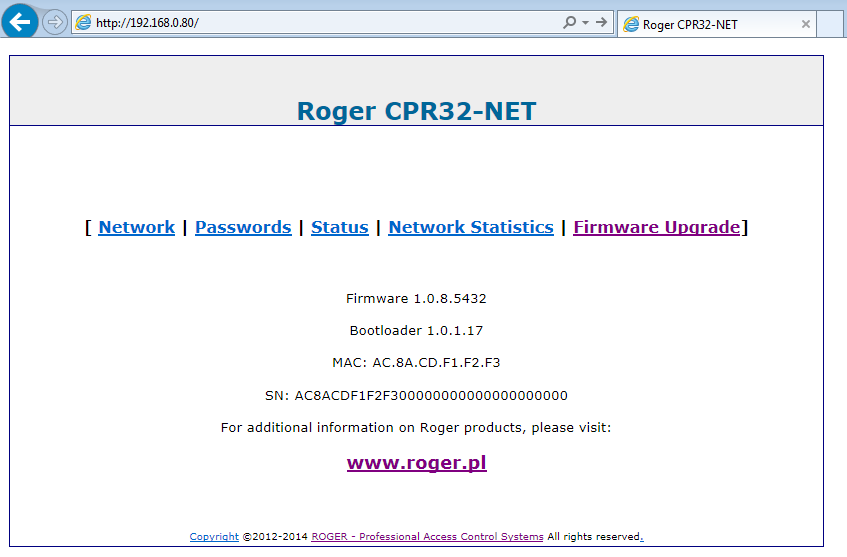 Firmware upgrade W tym miejscu możliwa jest aktualizacja firmware centrali CPR32-NET. Więcej informacji podano w pkt. 4.6 Aktualizacja oprogramowania wbudowanego (firmware) centrali. Rys.