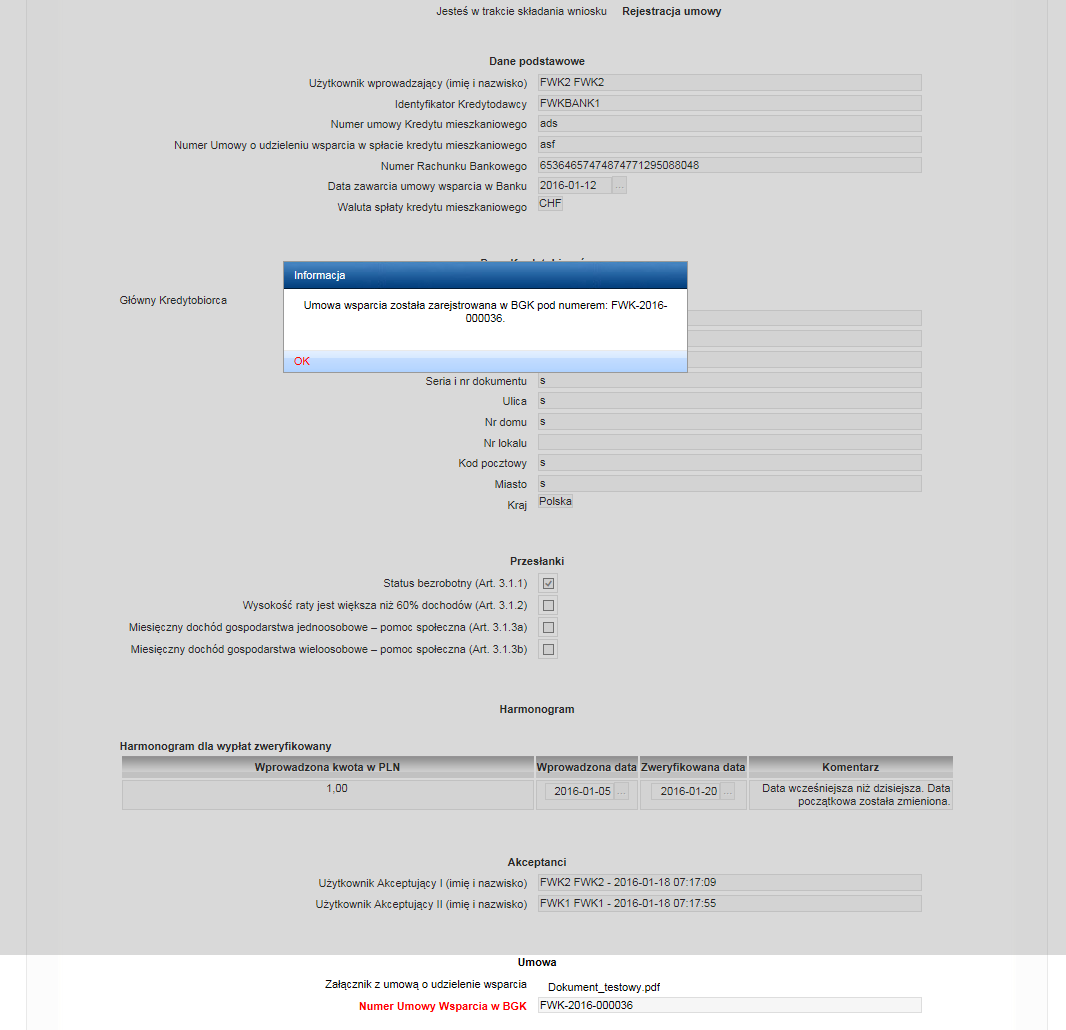 Rysunek 48 8) Klikamy Ok w komunikacie, a następnie pojawią się wszystkie wprowadzone dane wraz z numerem umowy