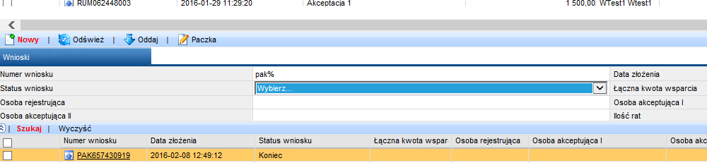 Rysunek 54 7) Paczka z wnioskami (wnioski) została zaakceptowana, a w polu komentarz widzimy informacje (Rys.55).