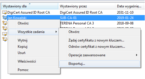 4. Eksport certyfikatu użytkownika do pliku 4.1 Pobieramy następujące archiwum zip (o ile nie zrobiliśmy tego wcześniej): vpn-wzieu.zip 4.2 Pobrane archiwum należy rozpakować na komputerze 4.