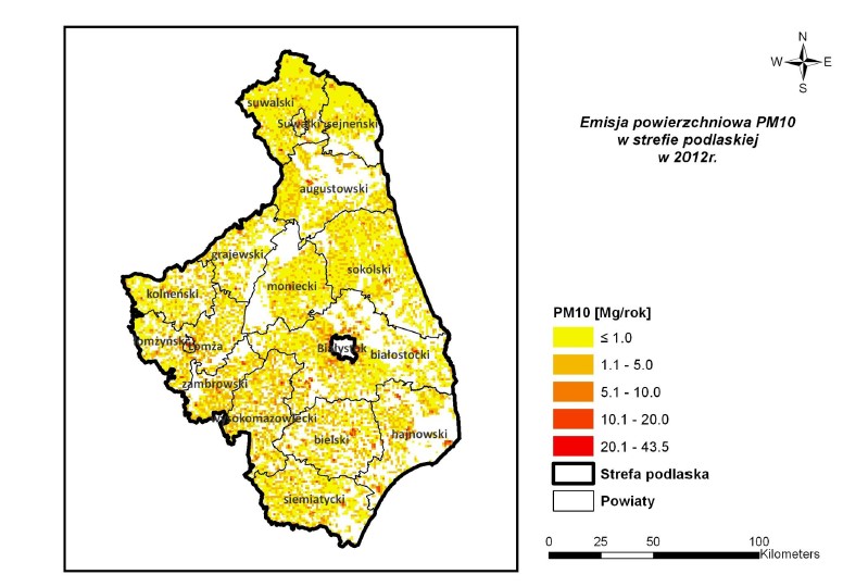 Rysunek 5 Emisja punktowa dla pyłów zawieszonych PM10 w strefie podlaskiej w 2012 r.