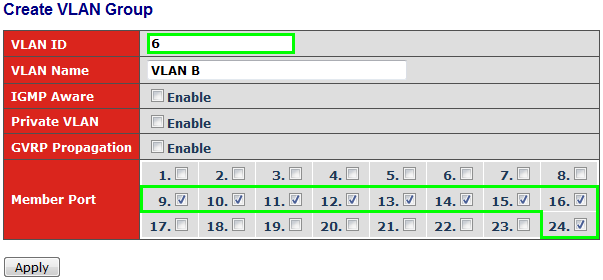 1. Switch 1 Przejdź do zakładki VLAN>>VLAN mode w panelu konfiguracyjnym switcha. Wybierz tryb Tag-based i zastosuj zmiany. Przejdź do zakładki VLAN>>Tag-Based Group w panelu konfiguracyjnym switcha.