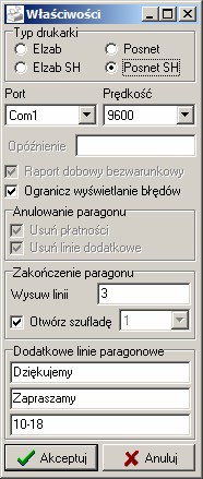 1.2 Menu Plik 1.2.1 Właściwości Formatka służy do określenia podstawowych parametrów związanych z ustawieniami komunikacji z drukarką fiskalną oraz ustawiania czynności opcjonalnych wykonywanych