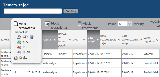 Tabela 1: Informacja o aktywnych akcjach na kolumnach Ikona Opis Filtr aktywny na kolumnie aktywowano filtr wg zadanego przez użytkownika kryterium Sortuj malejąco (Z-A) na kolumnie ustawiono