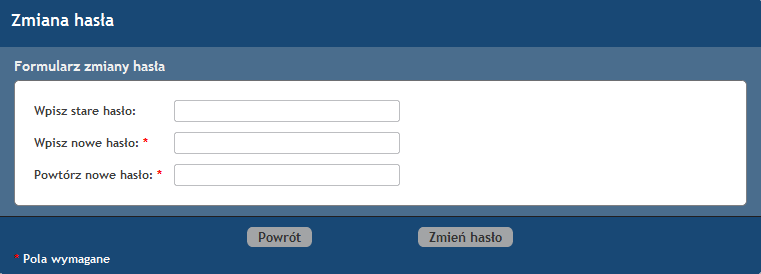 12. Ustawienia użytkownika Konfiguracja ustawień, dostępna dla każdego użytkownika, umożliwi personalizację systemu i dopasowanie go do indywidualnych potrzeb pracownika. 12.1. Zmiana hasła Zalogowany użytkownik po wybraniu z menu głównego Ustawienia Zmiana hasła' otrzymuje dostęp do formularza, za pośrednictwem którego dokonać może zmiany hasła.