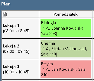 14. Plan zajęć Zestawienie planu zajęć jest dostępne po wyborze w głównym menu opcji 'Dane ucznia Plan zajęć'. Zestawienie wyświetla plan zajęć klasy / grupy, na które uczęszcza uczeń.