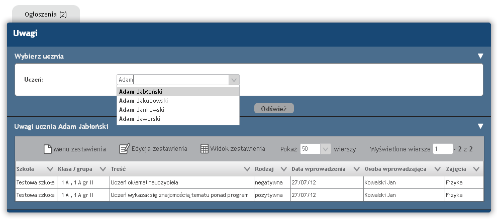 19. Wykaz uwag Zestawienie wyświetla listę wszystkich uwag ucznia. Dostępne jest ono poprzez wybranie z menu opcji 'Dane ucznia Uwagi'.