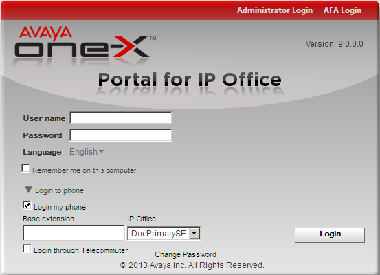 one-x Portal for IP Office: Logowanie Aby zalogowac sie do swojego telefonu domowego lub komórkowego, zaznacz pole wyboru Zaloguj przez telepracownika, a w polu Numer telepracownika wpisz numer