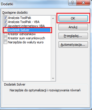 4) Z listy wybieramy Dodatki programu Excel i klikamy