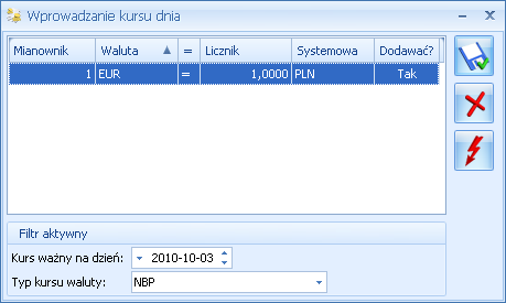 Podana w nagłówku formularza Data jest dniem, na który jest ważny ten kurs lub terminem od którego kurs zacznie obowiązywać, jeżeli w Konfiguracji firmy/ ogólne/ parametry jest zaznaczony parametr