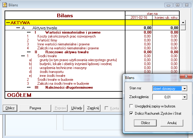 Oblicz- wybierając kryteria Okno do zestawiania bilansu ma układ identyczny jak okno, w którym definiuje się jego układ. Pojawią się tu tylko te pozycje bilansu, które zostały uprzednio zdefiniowane.