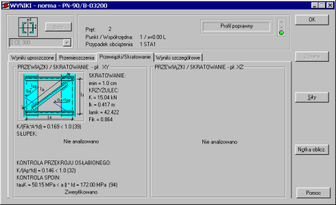 PROJEKTOWANIE SKRATOWANIA Po weryfikacji trzonu słupa użytkownik ma możliwość przeprowadzenia kontroli zdefiniowanych w oknie Definicja pręta parametry \ Przekrój złożony elementów skratowania.