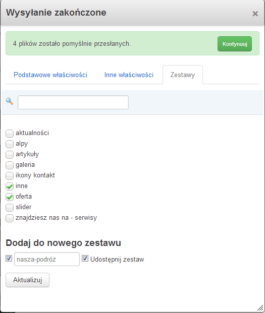 Po wpisaniu nazwy naszego zestawu / zaznaczeniu zestawów do aktualizacji,