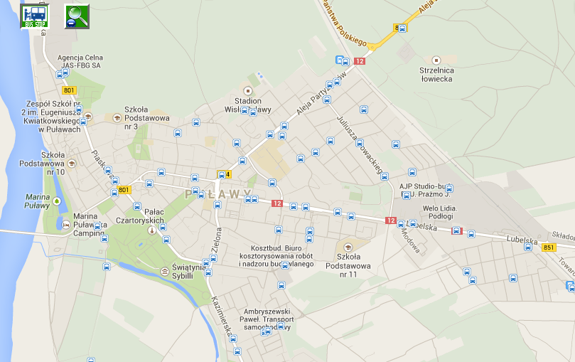 Mapa 11. Fragment mapy Miasta Puławy z naniesionymi informacjami o lokalizacji przystanków Źródło: http://37.60.24.