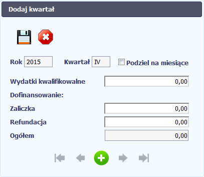 W otwartym oknie Dodaj kwartał wprowadzasz dane szczegółowe. Pole Rok uzupełniane jest automatycznie przez SL2014 z uwzględnieniem okresu realizacji Twojego projektu, zapisanego w umowie.