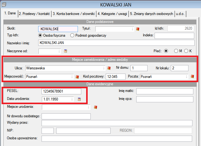 urodzenia, województwo, powiat, gmina, poczta, ulica, nr domu (i nr lokalu, jeżeli dotyczy), kod