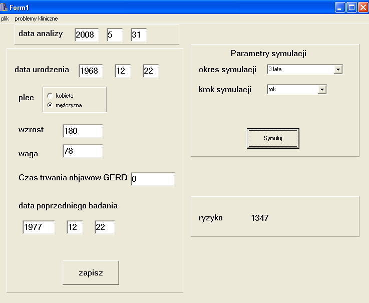 ( X ( T )) 177 r = E (8.1) Rys. 8.1 Inerfejs programu do symulacji SRR dla profilakyki przełyku Barre a.