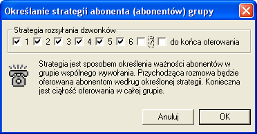 Dostęp do okna jest możliwy poprzez: MENU Definicje Strategia dystrybucji dzwonków; klawisz Określenie strategii w oknie Grupy wspólnego wywołania; ikonę na pasku narzędzi Strategię dzwonienia, czyli