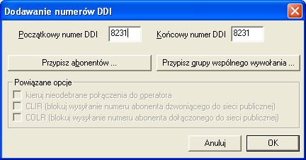 Prezentowana lista składa się z pól: zdefiniowanych numerów DDI; Numerów wewn.