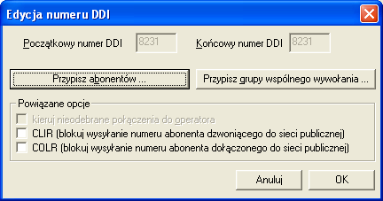 Po przypisaniu numeru, pojawia się okno z polami wyboru Powiązanych opcji Polecenie DDI. 3.6.5.3.2.Algorytm realizacji połączeń przychodzących ISDN Abonent miejski Która linia miejska?