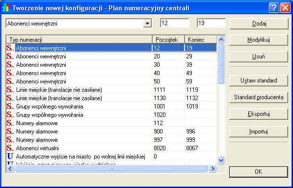 3.4.MENU Definicje 3.4.1.Plan numeracji centrali Aplikacja DoCent proponuje w oknie Plan numeracyjny centrali domyślną numerację portów abonenckich i miejskich, grup i numerów alarmowych oraz usług.