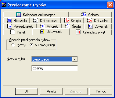 3.4.3.1.Zakładka: Ustawienia Zakładka wyświetla się automatycznie, po otwarciu okna Przełączanie trybów. 3.4.3.1.1.Pole wyboru: Sposób przełączania trybów Ręczny umożliwia przełączanie trybów z uprawnionego aparatu telefonicznego.