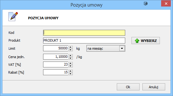 4. Kolejnym krokiem jest wybranie produktów, które posiadać będą rabaty, limity itp. Aby tego dokonać wciskamy przycisk Dodaj znajdujący się w dolnym lewym rogu. 5.