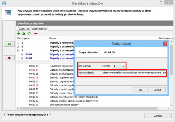 12.1 Lista odpadów Program GSW zawiera aktualną listę odpadów wraz z przyporządkowanymi do nich kodami.