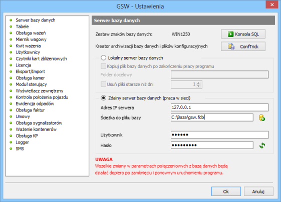 6.1.3 Konfiguracja programu GSW do pracy w sieci Ostatnim elementem niezbędnym do prawidłowego uruchomienia pracy w sieci jest konfiguracja programu GSW do współpracy ze zdalnym serwerem bazy danych.