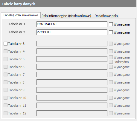 6.2 Tabele 6.2.1 Tabele/Pola słownikowe Na zakładce tej można aktywować dodatkowe tabele danych (maksymalnie 10), które pojawią się na panelu ważenia (w domyślnej konfiguracji programu wypełnienie