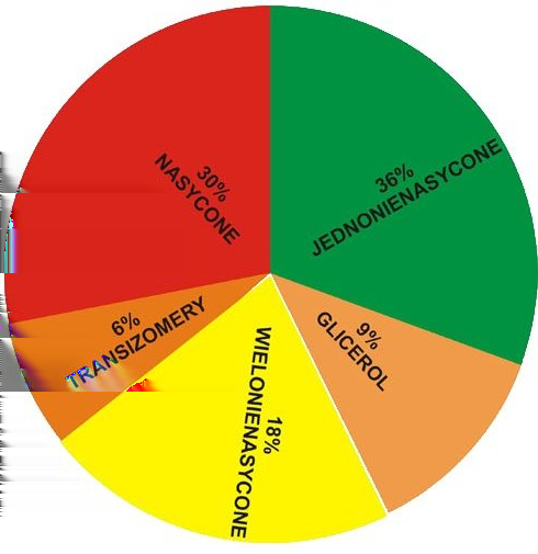 Źródło: www.piramidazdrowia.pl Codziennej dieta powinna zawierać 36% tłuszczy jednonienasyconych, 30% tłuszczy nasyconych, 18% tłuszczy wielonienasyconych, 9% glicerolu i 6% trans izomerów.