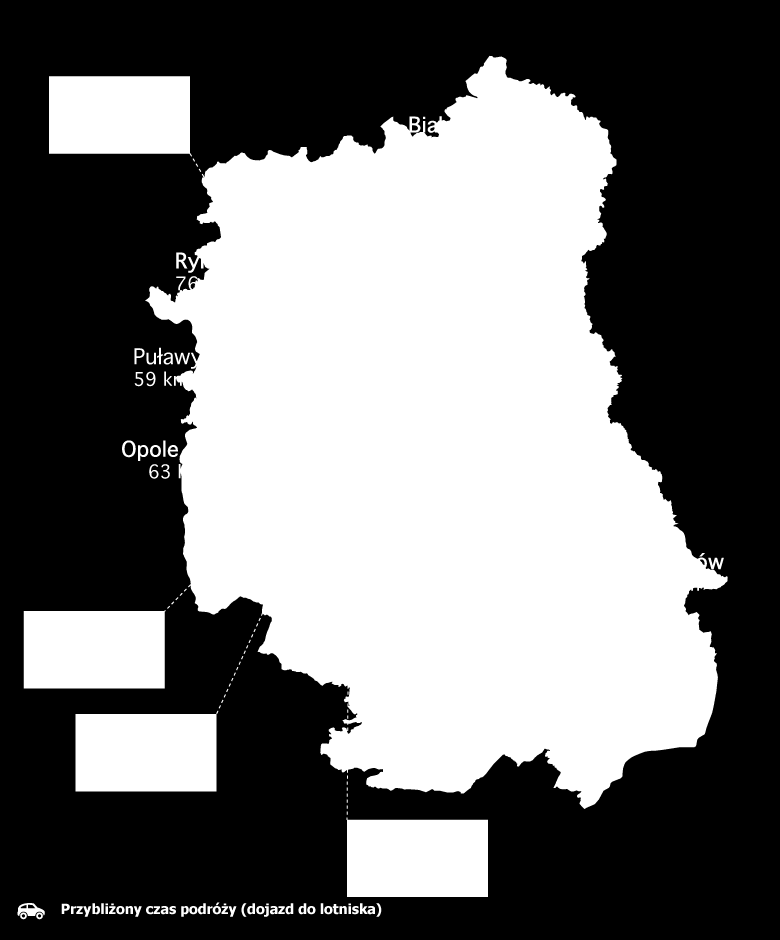 Infrastruktura lotniska Jednym z ogromnych atutów Portu Lotniczego Lublin jest jego centralne położenie geograficzne w odniesieniu do wszystkich miast w Regionie (Rysunek 2).