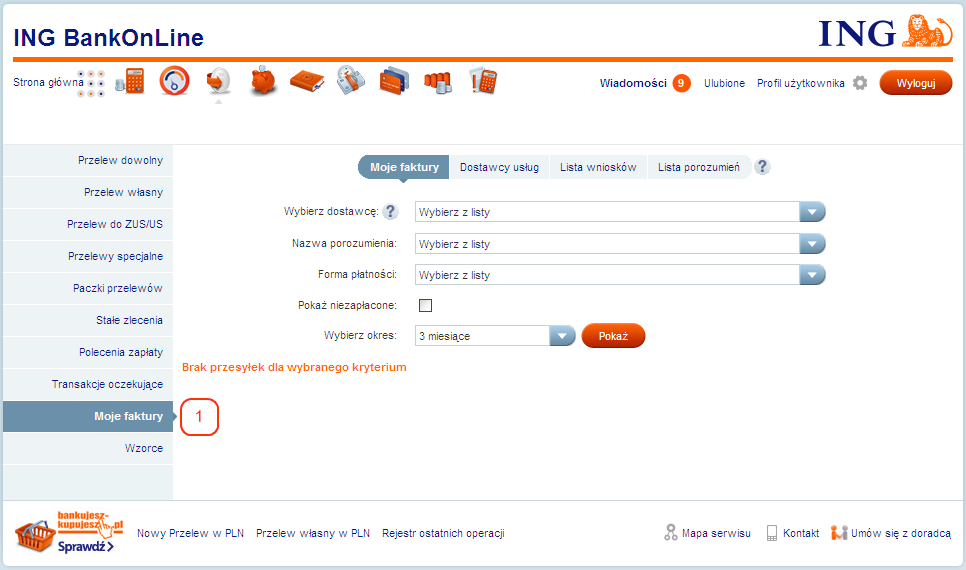 Usługa Moje faktury w ING BankOnLine Usługa Moje faktury to nowoczesny sposób płatności za faktury/rachunki poprzez system bankowości internetowej ING BankOnLine.