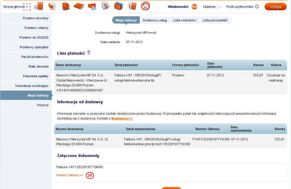 Po wybraniu linku Pobierz fakturę (20) w części Załączone dokumenty (widoczną po najechaniu